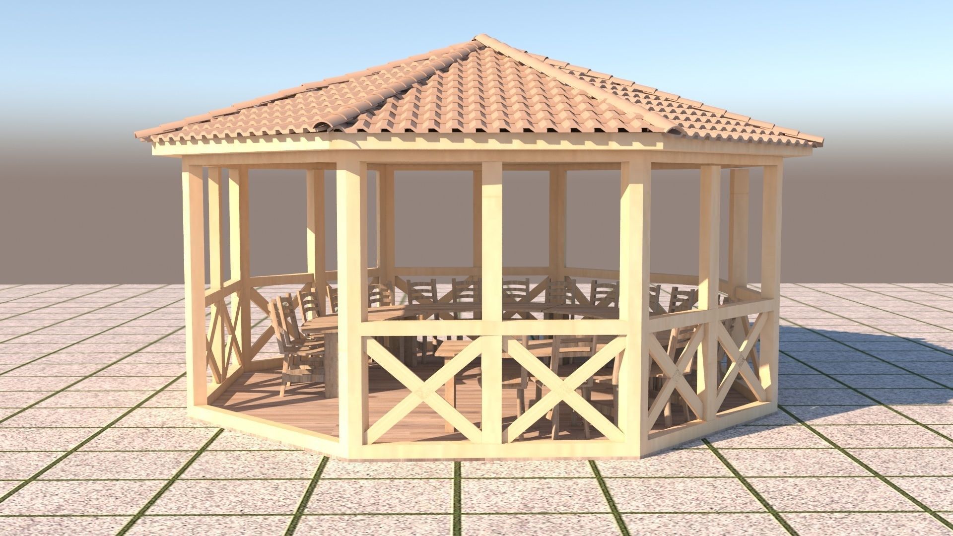 Alcove 3D wooden gazebo 3D model_1
