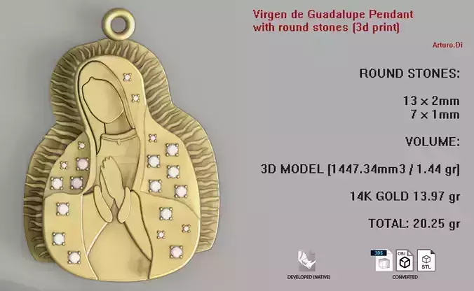 Virgen de Guadalupe pendant with stones
