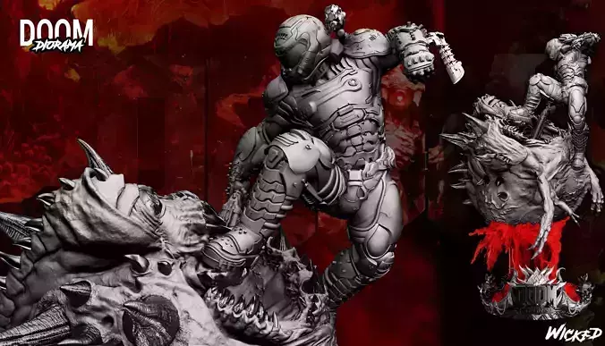 Wicked Video Game Doom Slayer Diorama ready for 3d printing 3D print model