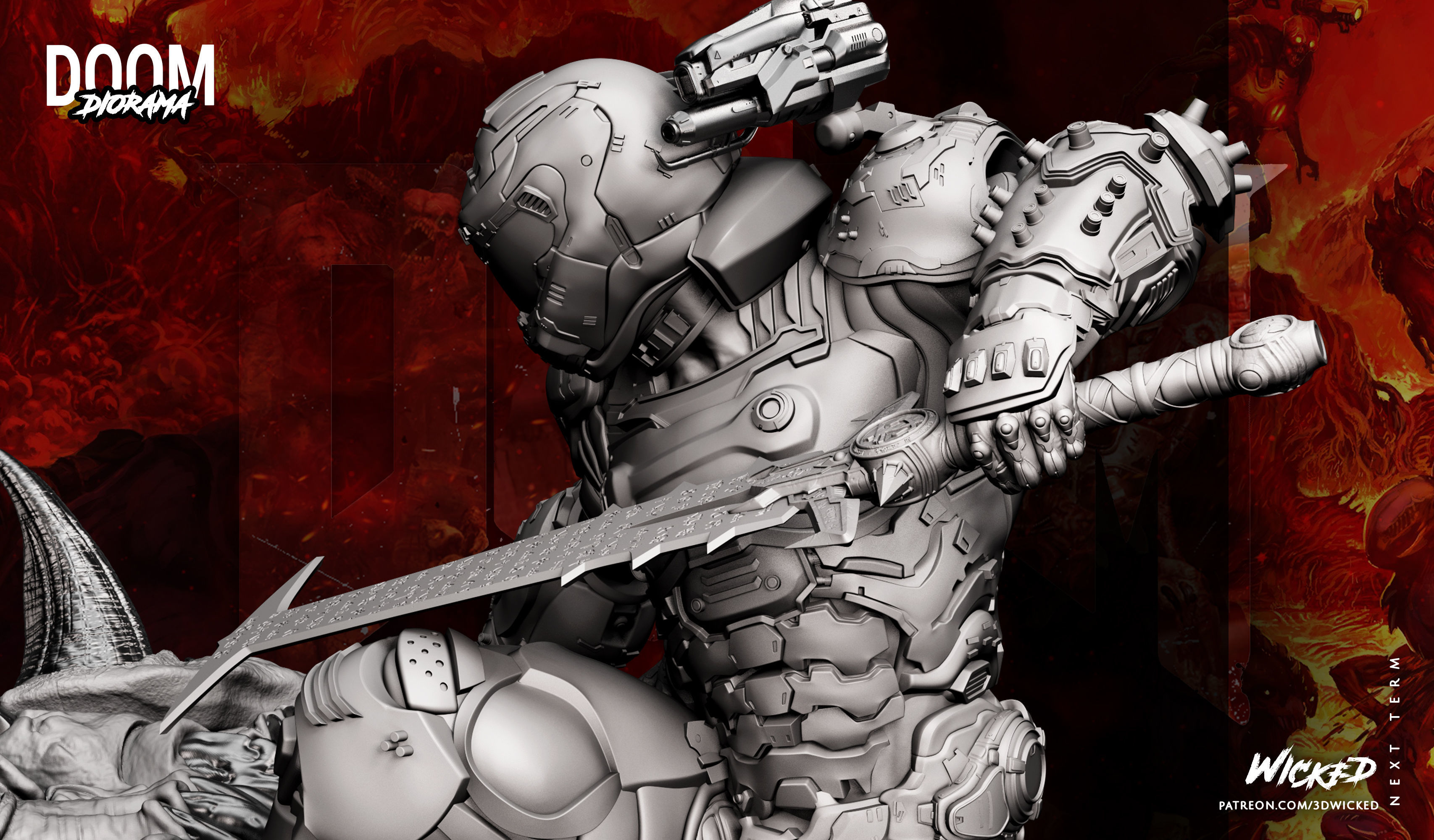 Wicked Video Game Doom Slayer Diorama ready for 3d printing 3D print model_33