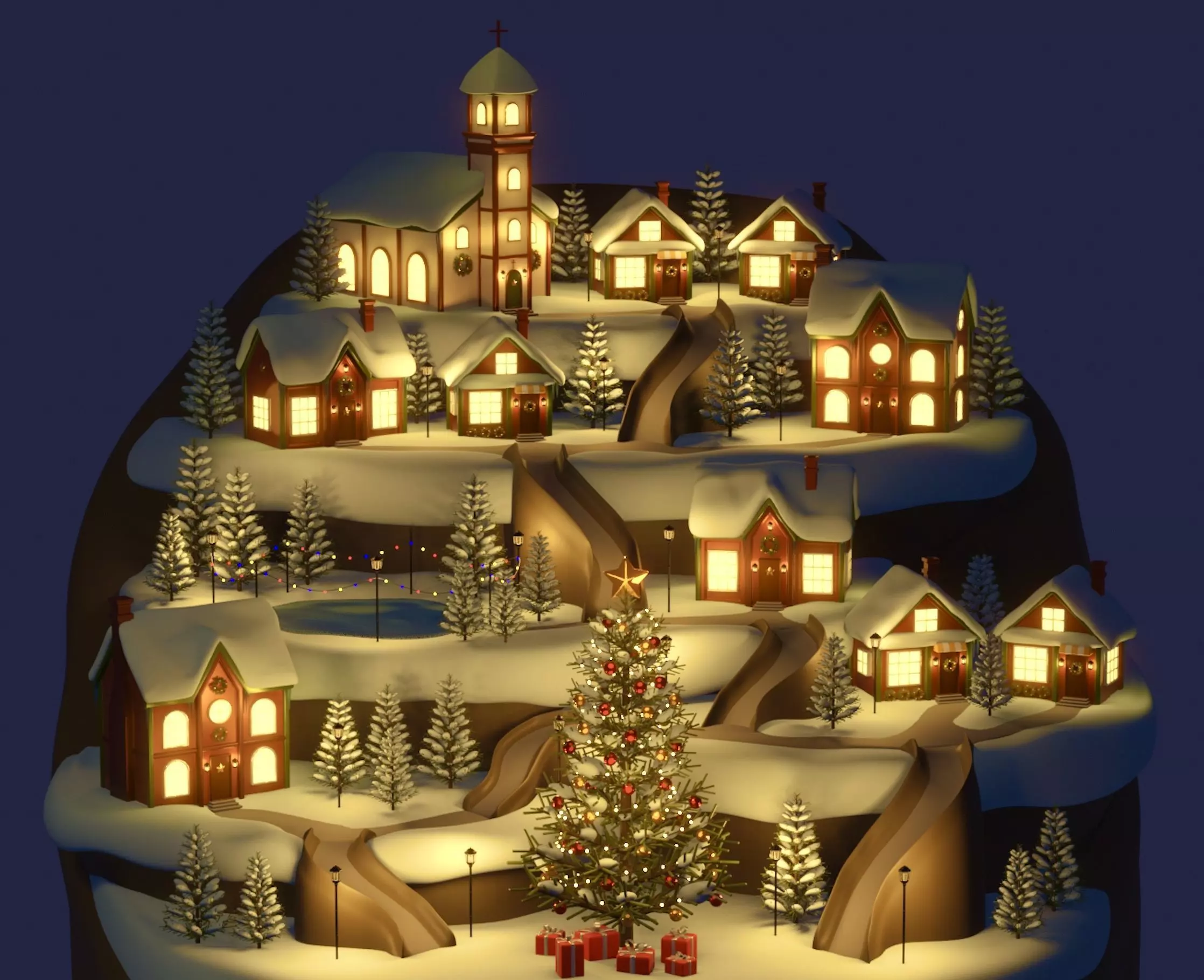Christmas winter town Low-poly 3D model_0