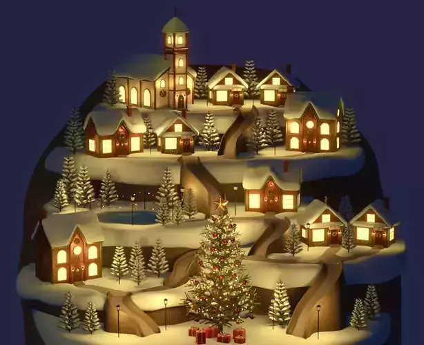 Christmas winter town Low-poly 3D model