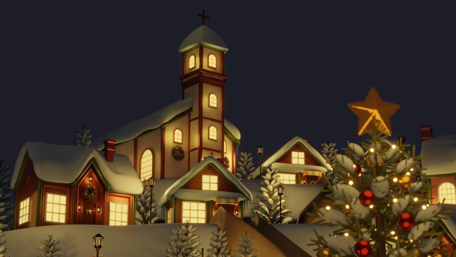 Christmas winter town Low-poly 3D model_1