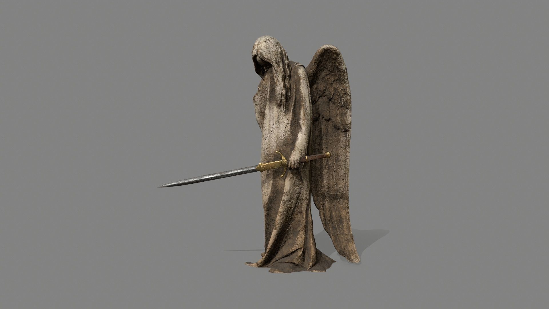 Angel statue of holding sword Low-poly 3D model_2