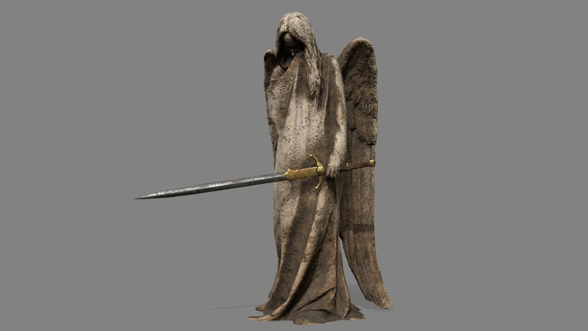 Angel statue of holding sword Low-poly 3D model_8