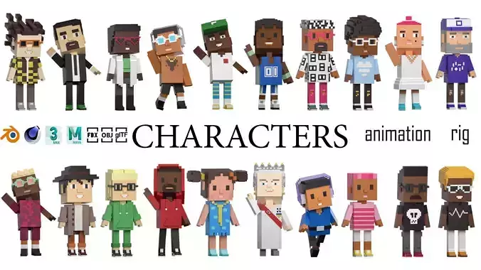 Low poly characters 4 in voxel style  Low-poly 3D model