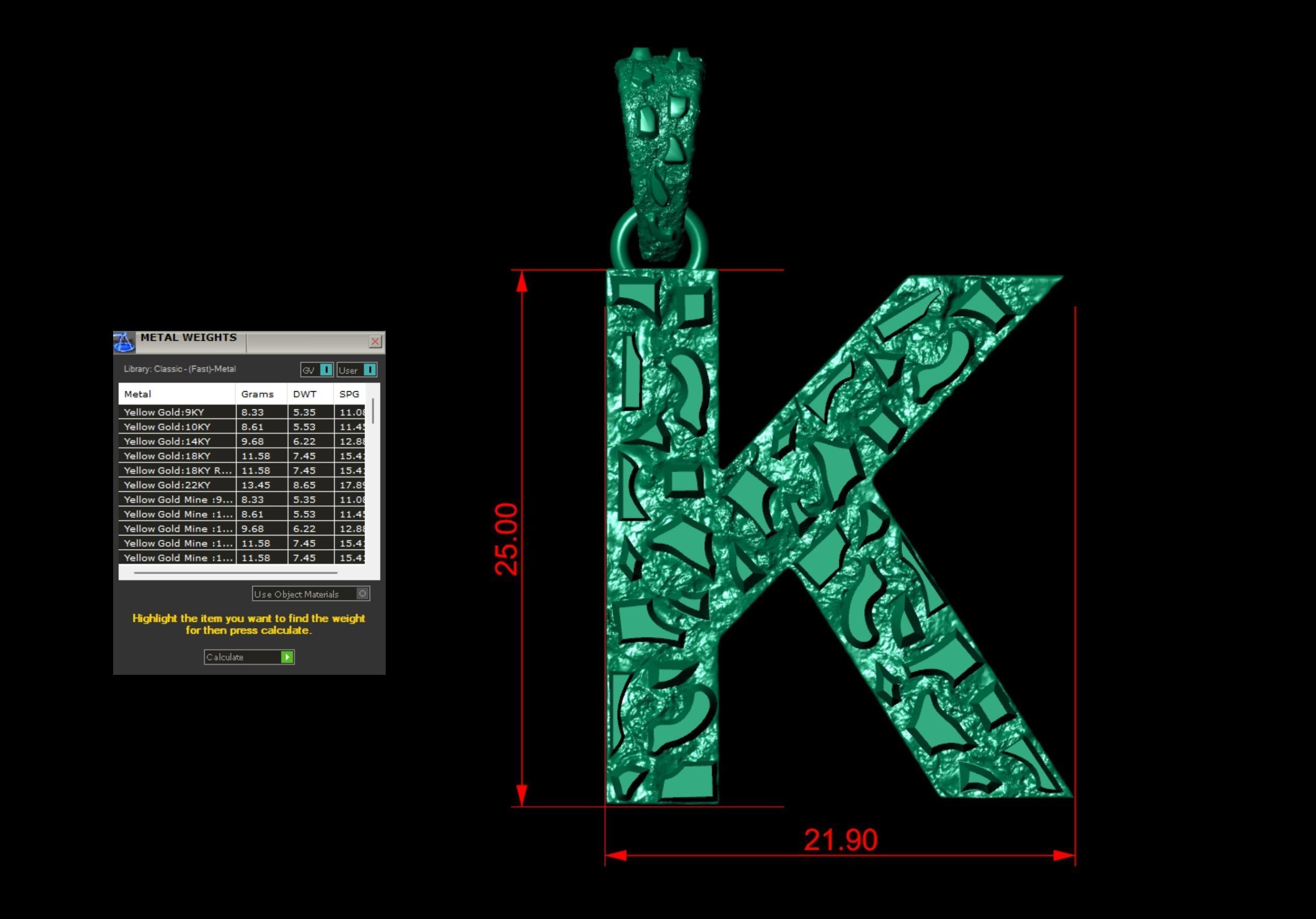 K LETTER INITIAL NUGGET PENDANT 3D print model_5