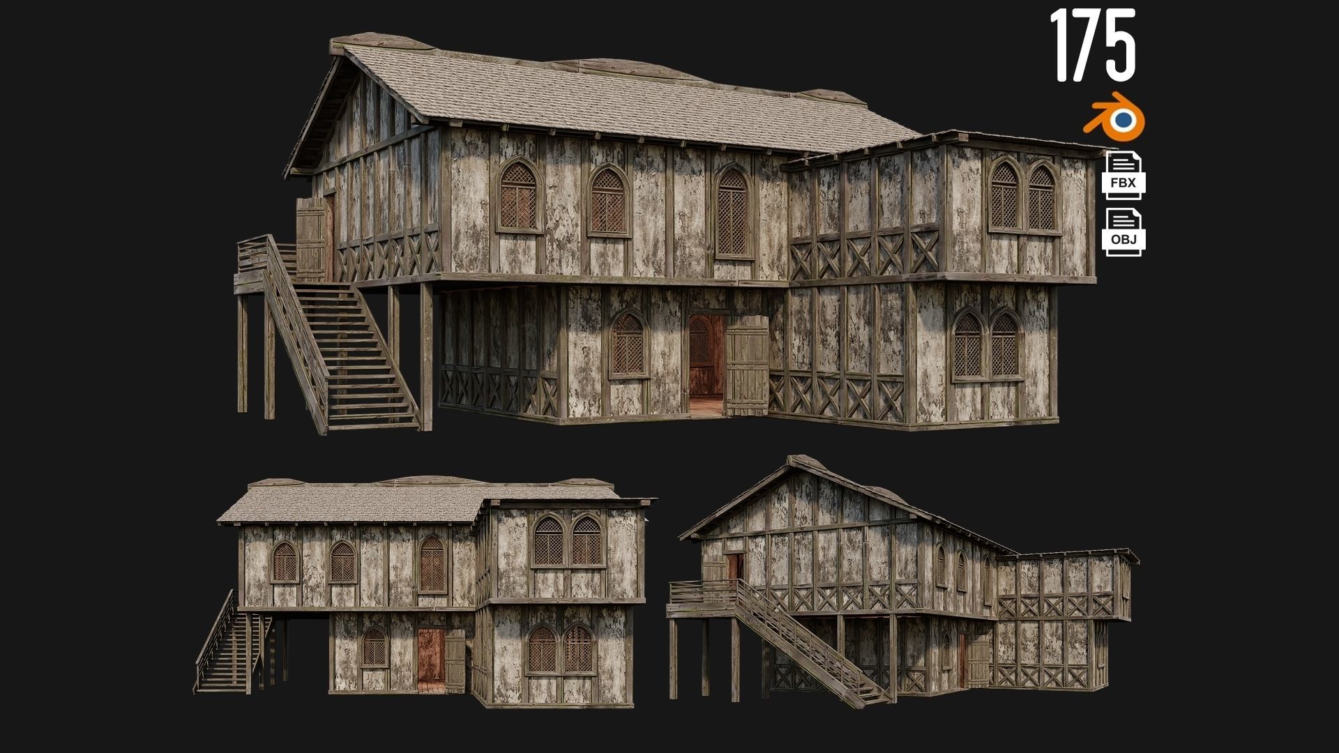 4 Old Medieval Houses Pack 4K Textures GameReady 173 to 176 Low-poly 3D model_3
