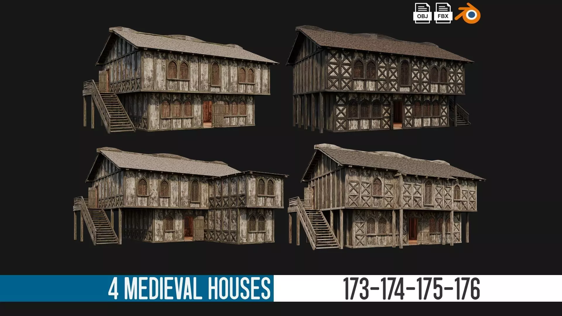 4 Old Medieval Houses Pack 4K Textures GameReady 173 to 176 Low-poly 3D model_0