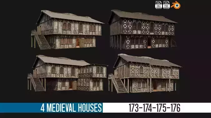 4 Old Medieval Houses Pack 4K Textures GameReady 173 to 176 Low-poly 3D model
