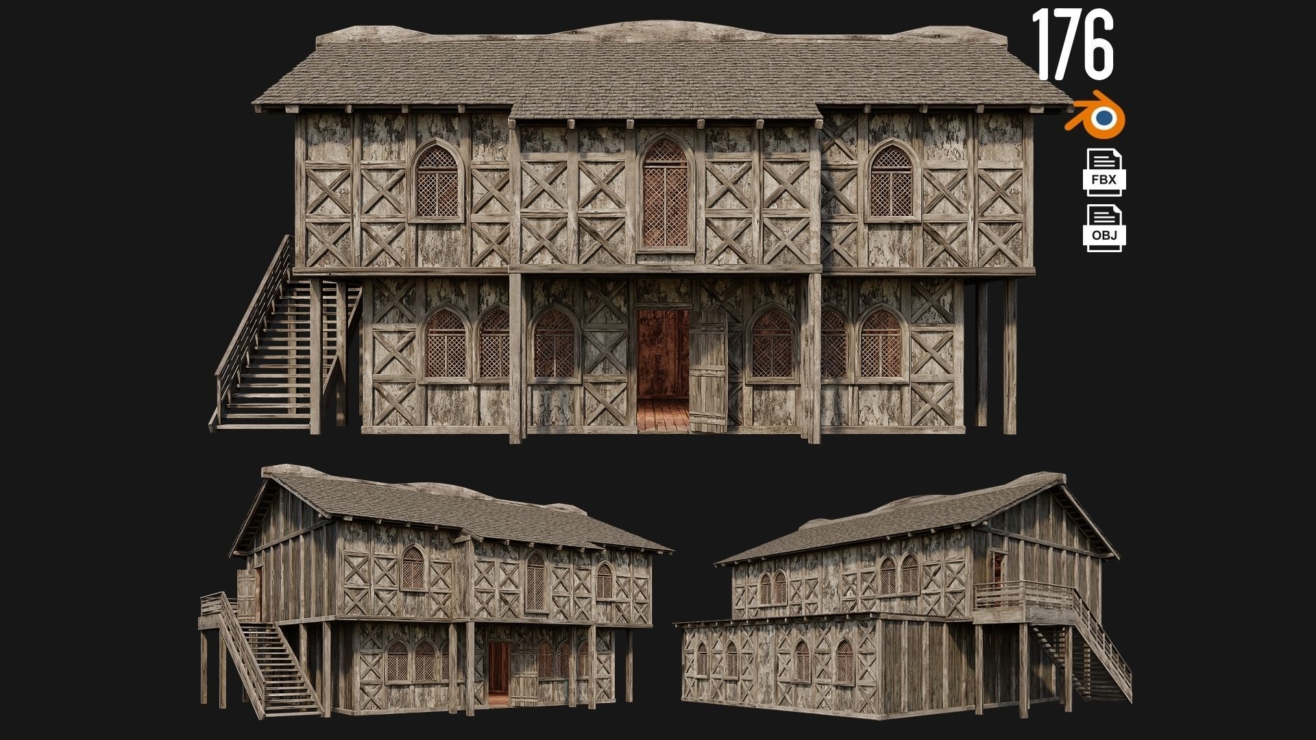 4 Old Medieval Houses Pack 4K Textures GameReady 173 to 176 Low-poly 3D model_4
