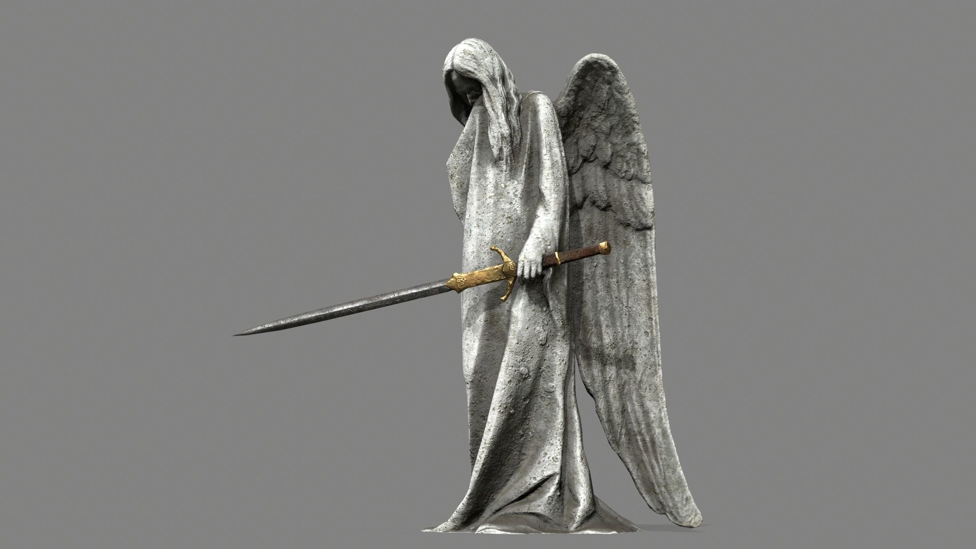 Angel statue of holding sword Low-poly 3D model_1
