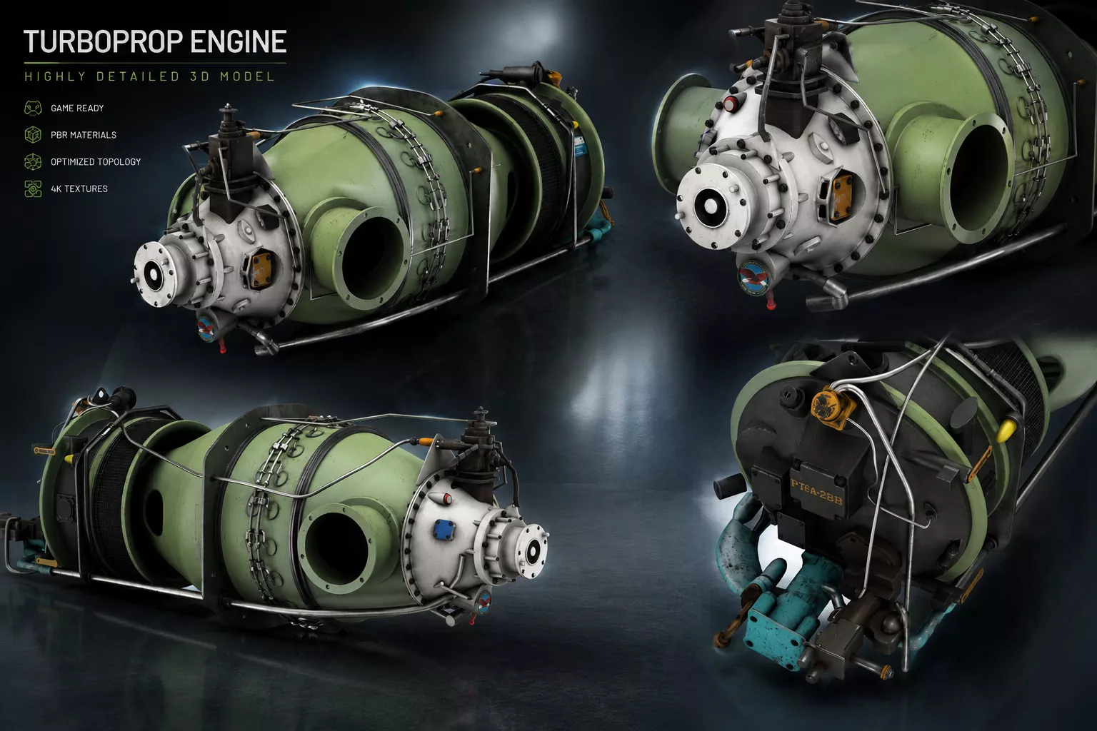 Turboprop Aircraft Engine Pratt and Whitney Canada PT6 PBR Low-poly 3D model