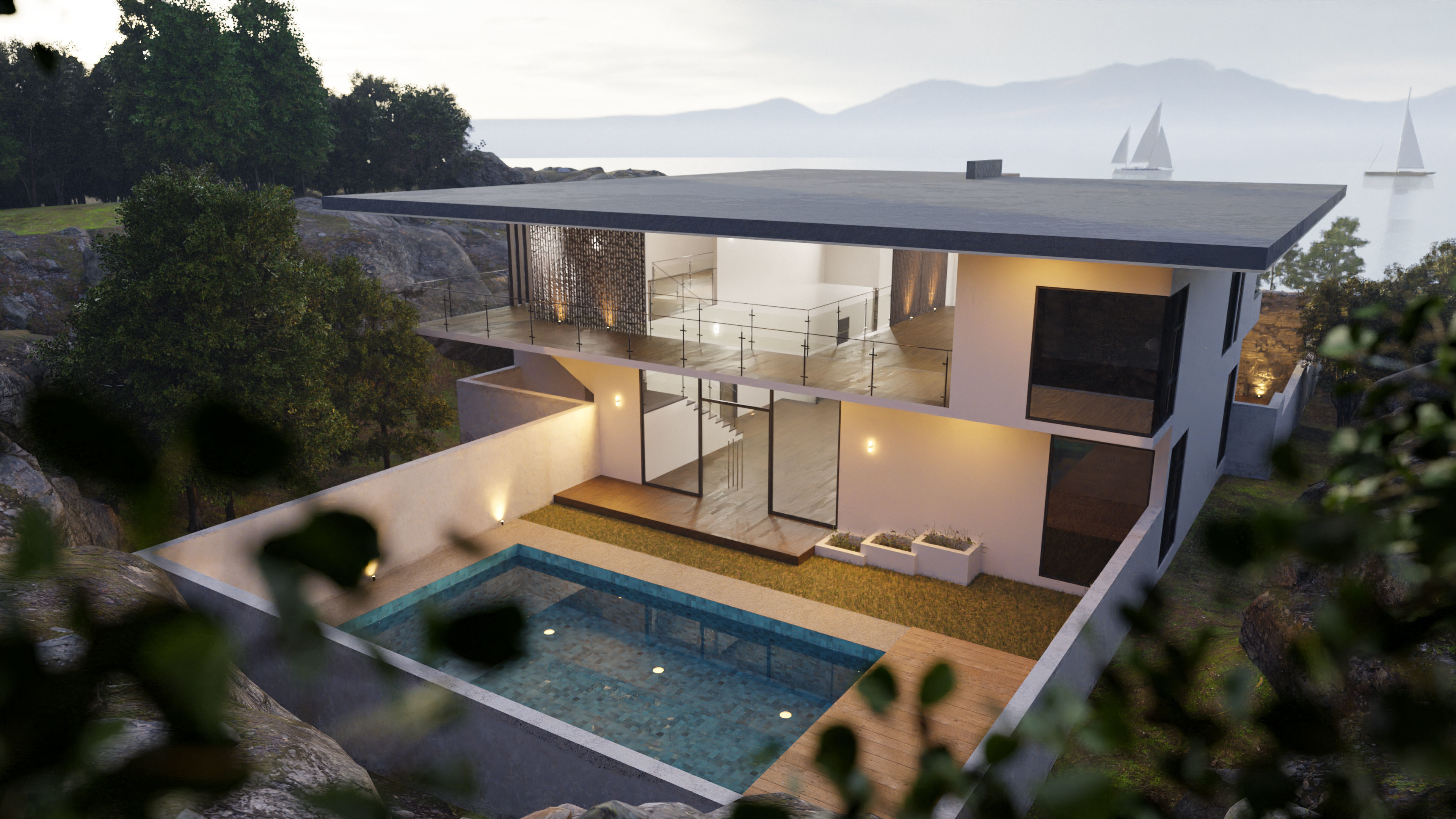 WIde View Modern House 3D model_4