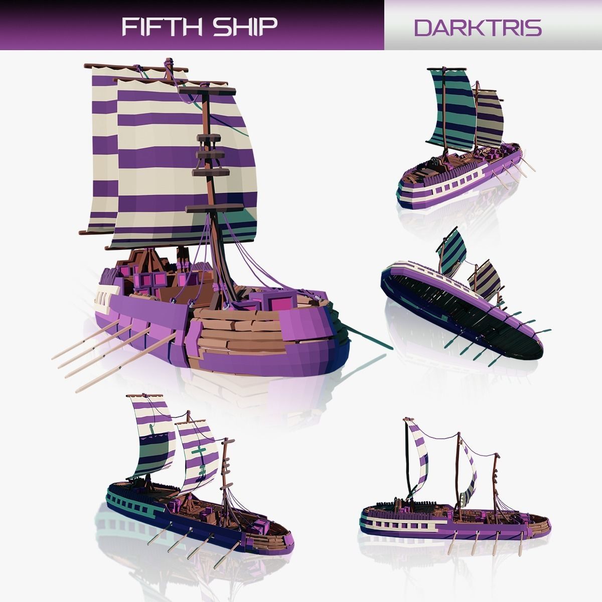 5-PIECE STYLIZED WOODEN SHIP Low-poly 3D model_49