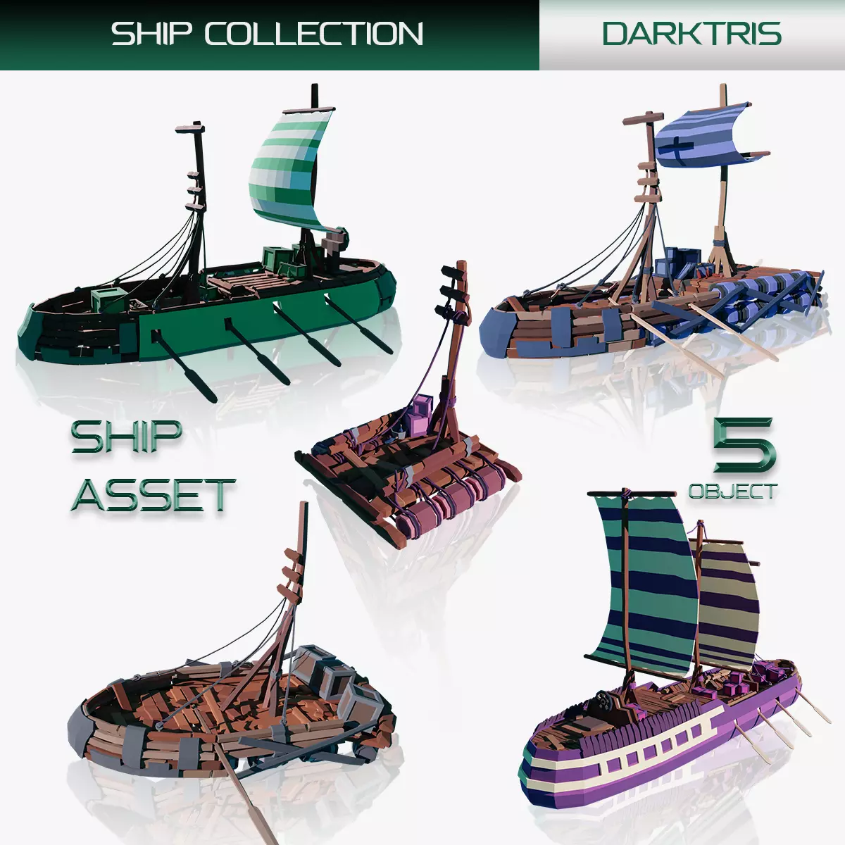 5-PIECE STYLIZED WOODEN SHIP Low-poly 3D model_0