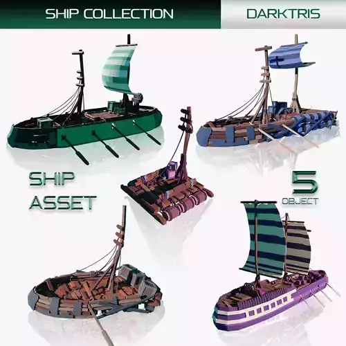 5-PIECE STYLIZED WOODEN SHIP Low-poly 3D model
