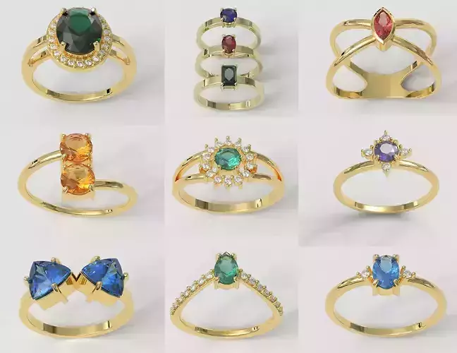 11 Gemstone Rings 3D Model Collection