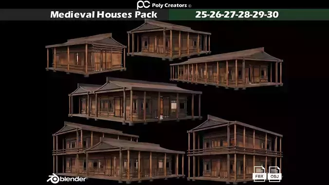 Medieval Houses Pack 25-26-27-28-29-30 - 4K Textures Game Ready Low-poly 3D model
