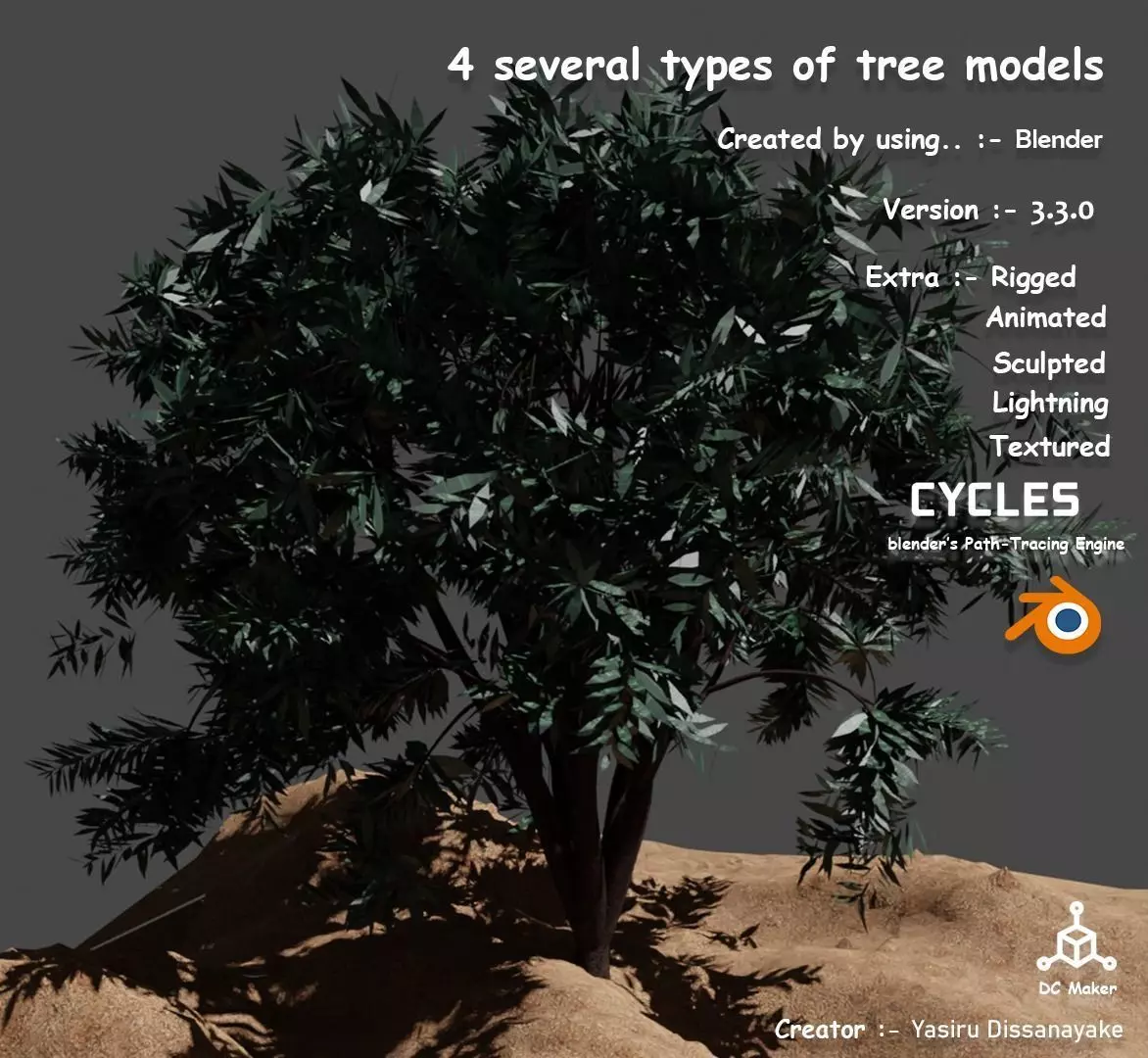 Tree 4 types of Free low-poly 3D model_0