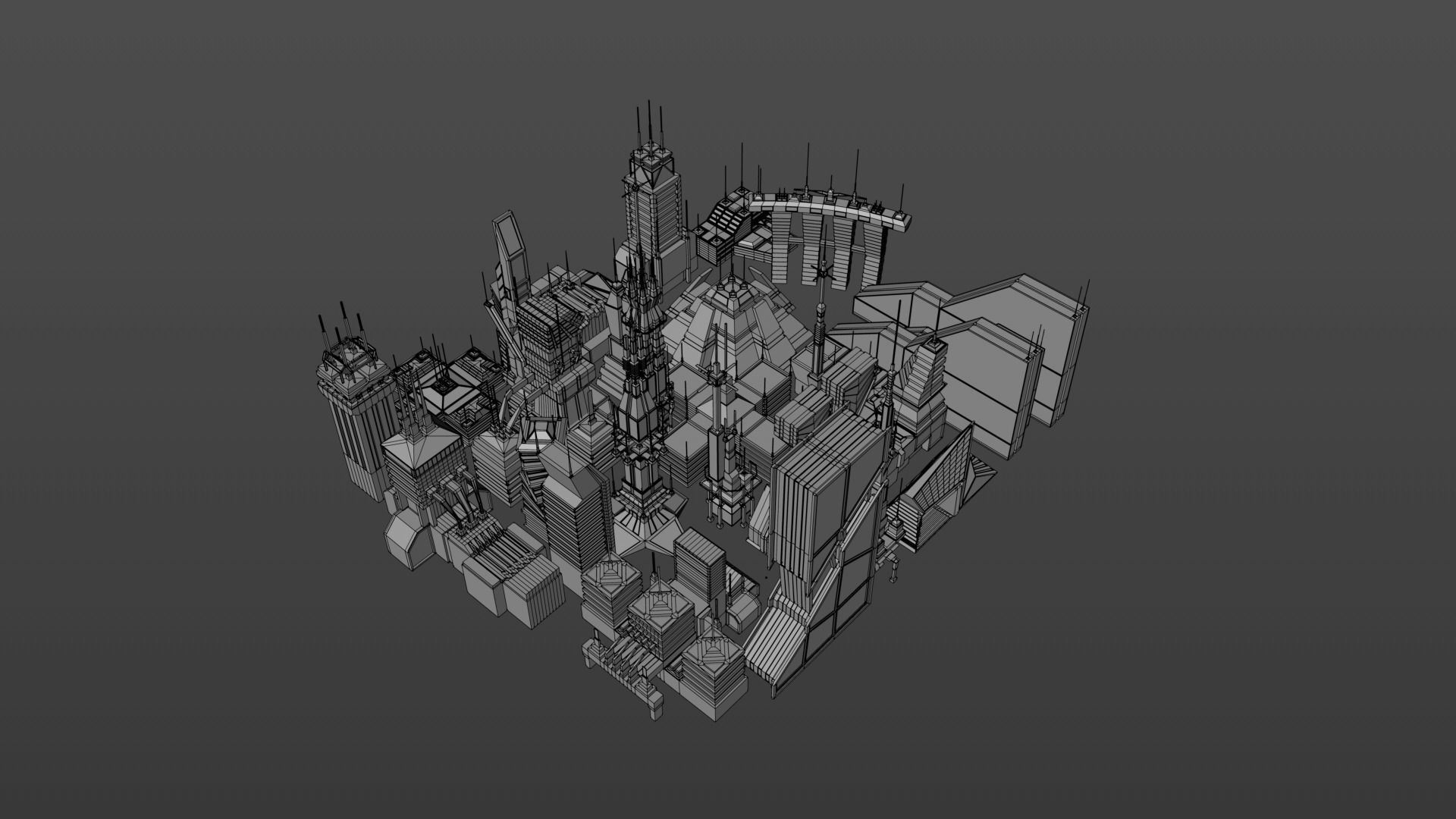 Low Poly Sci-fi city buildings Free 3D model_4
