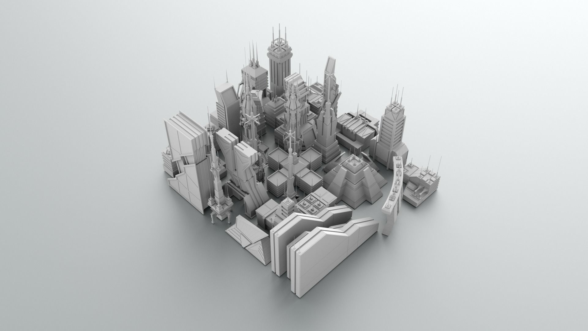 Low Poly Sci-fi city buildings Free 3D model_1