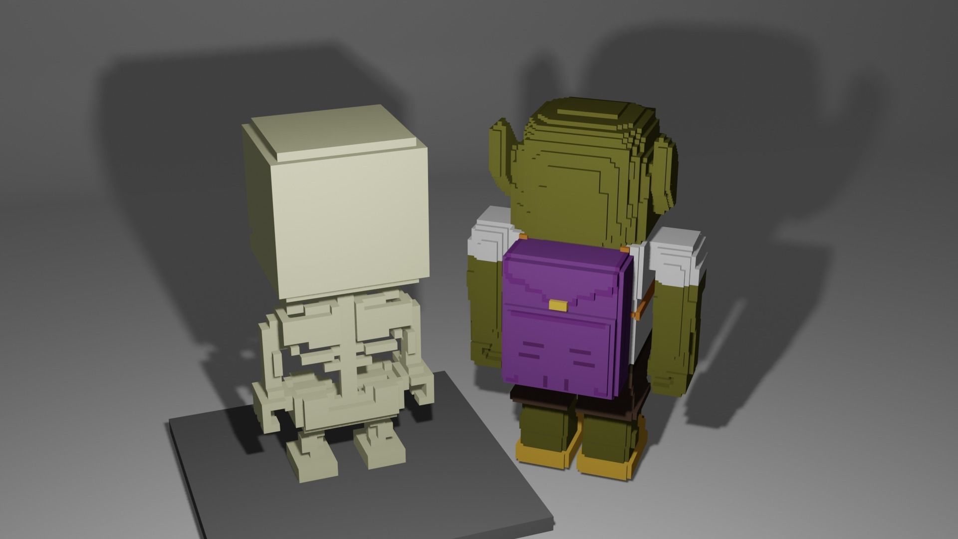 Goblin and Skeleton Halloween Cartoon Voxel  Low-poly 3D model_2