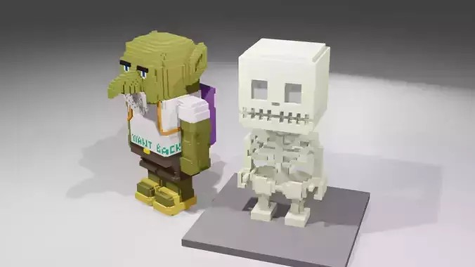Goblin and Skeleton Halloween Cartoon Voxel  Low-poly 3D model