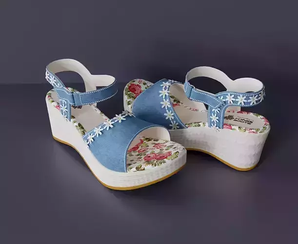Womens denim sandals with flowers 3D model