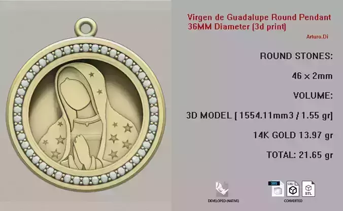 Virgen de Guadalupe Round Pendant 36mm diameter