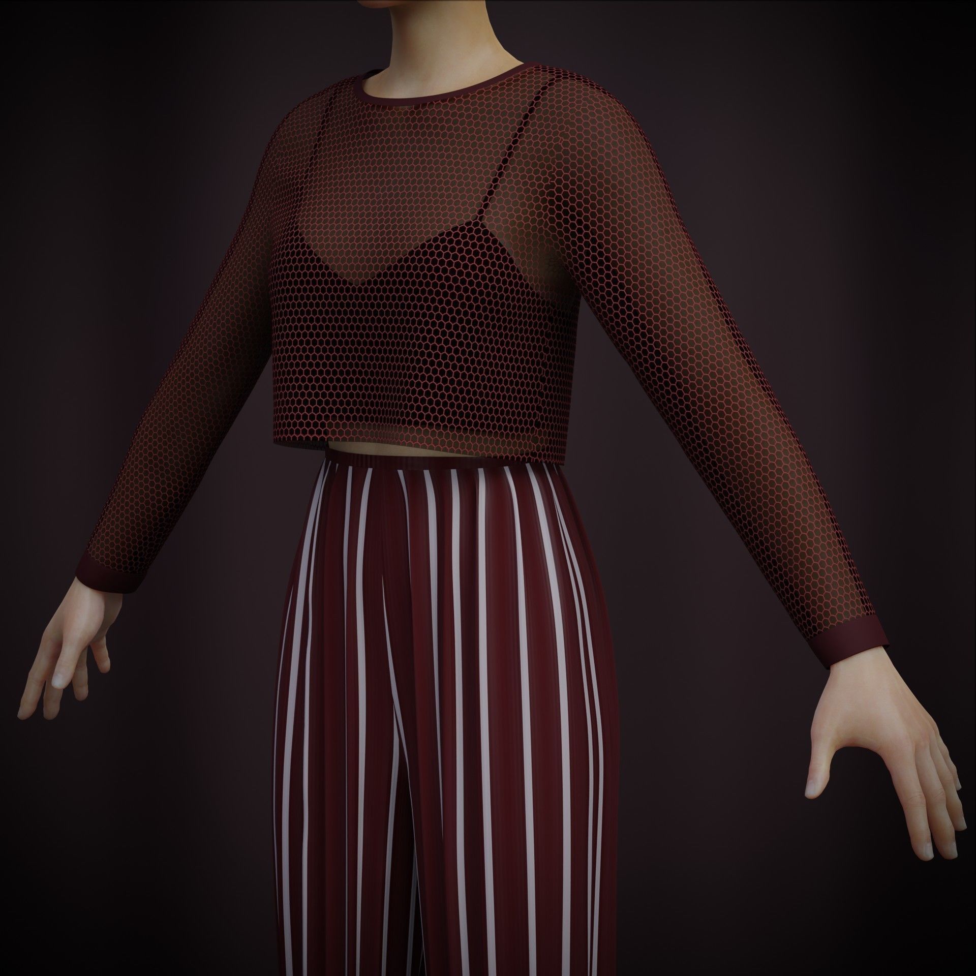 Sheer top and pleated palazzo trouser - Two piece outfit 3D model_6