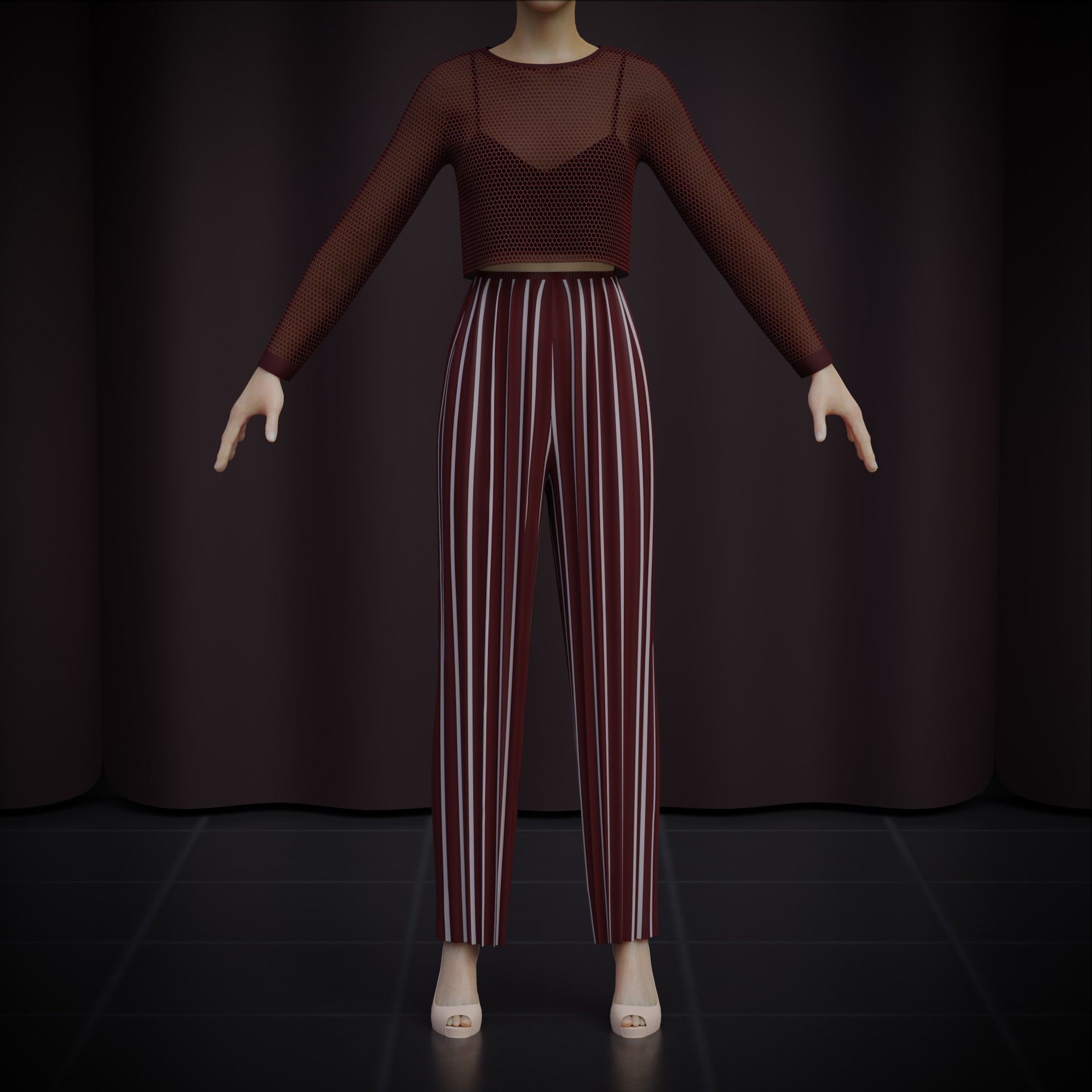 Sheer top and pleated palazzo trouser - Two piece outfit 3D model_1