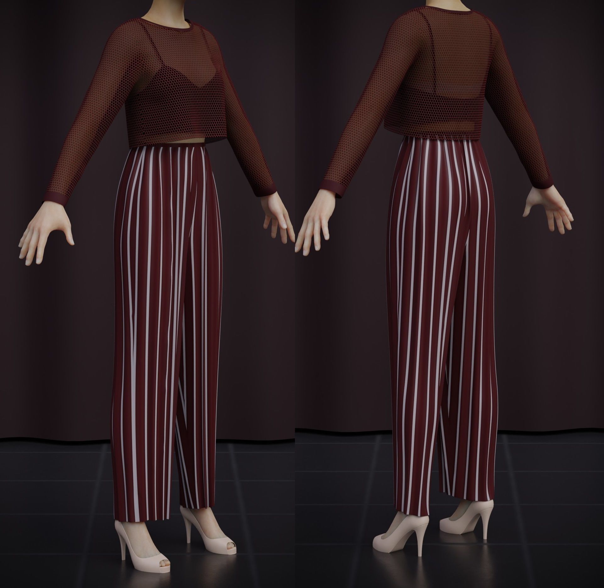 Sheer top and pleated palazzo trouser - Two piece outfit 3D model_15