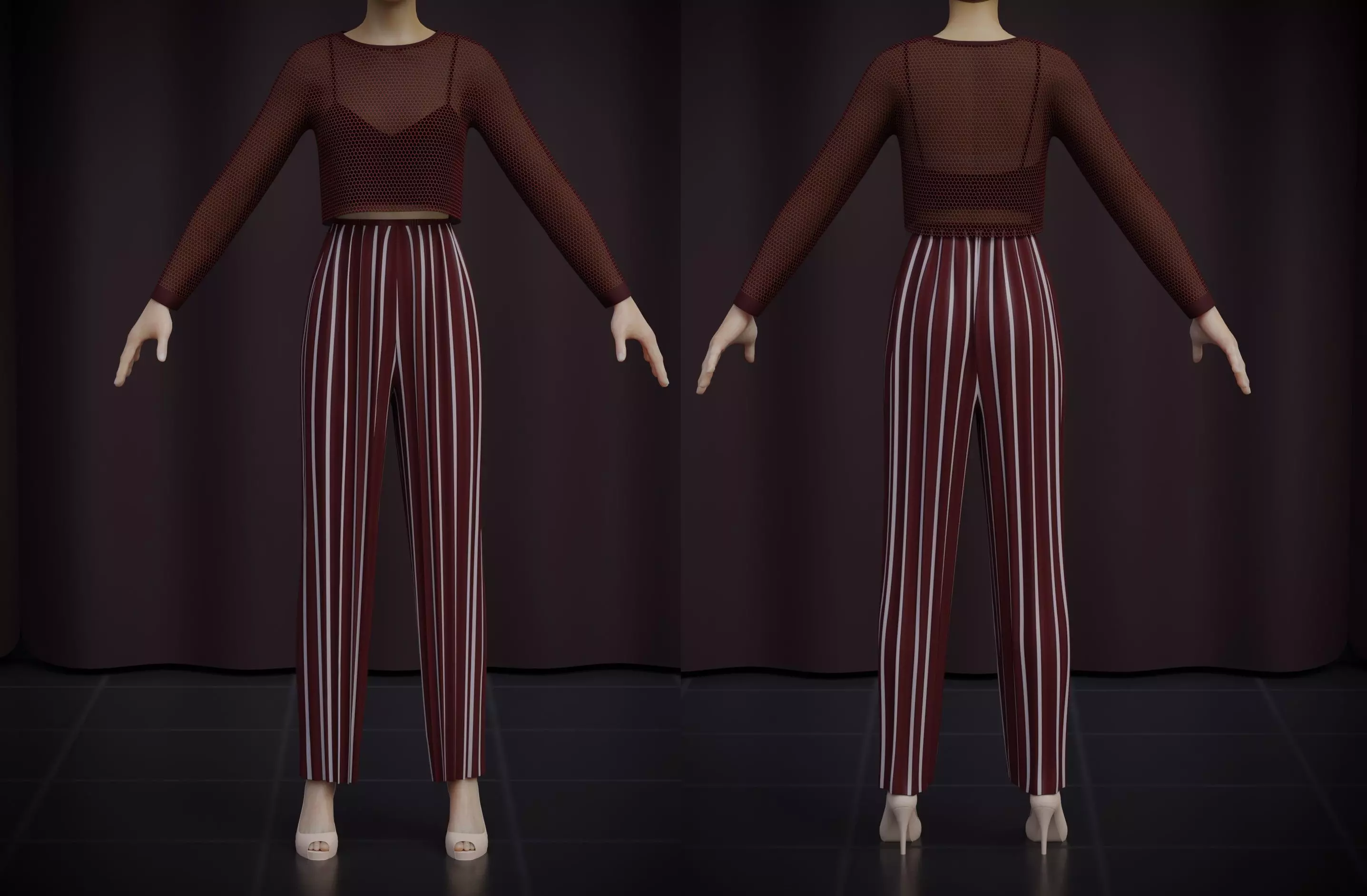 Sheer top and pleated palazzo trouser - Two piece outfit 3D model_0