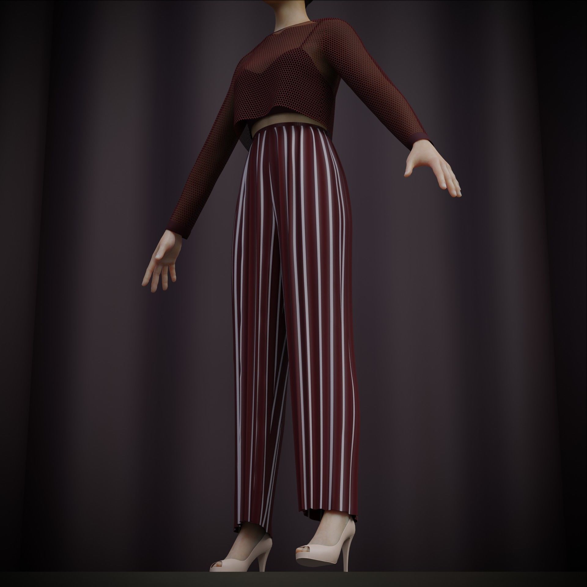 Sheer top and pleated palazzo trouser - Two piece outfit 3D model_29