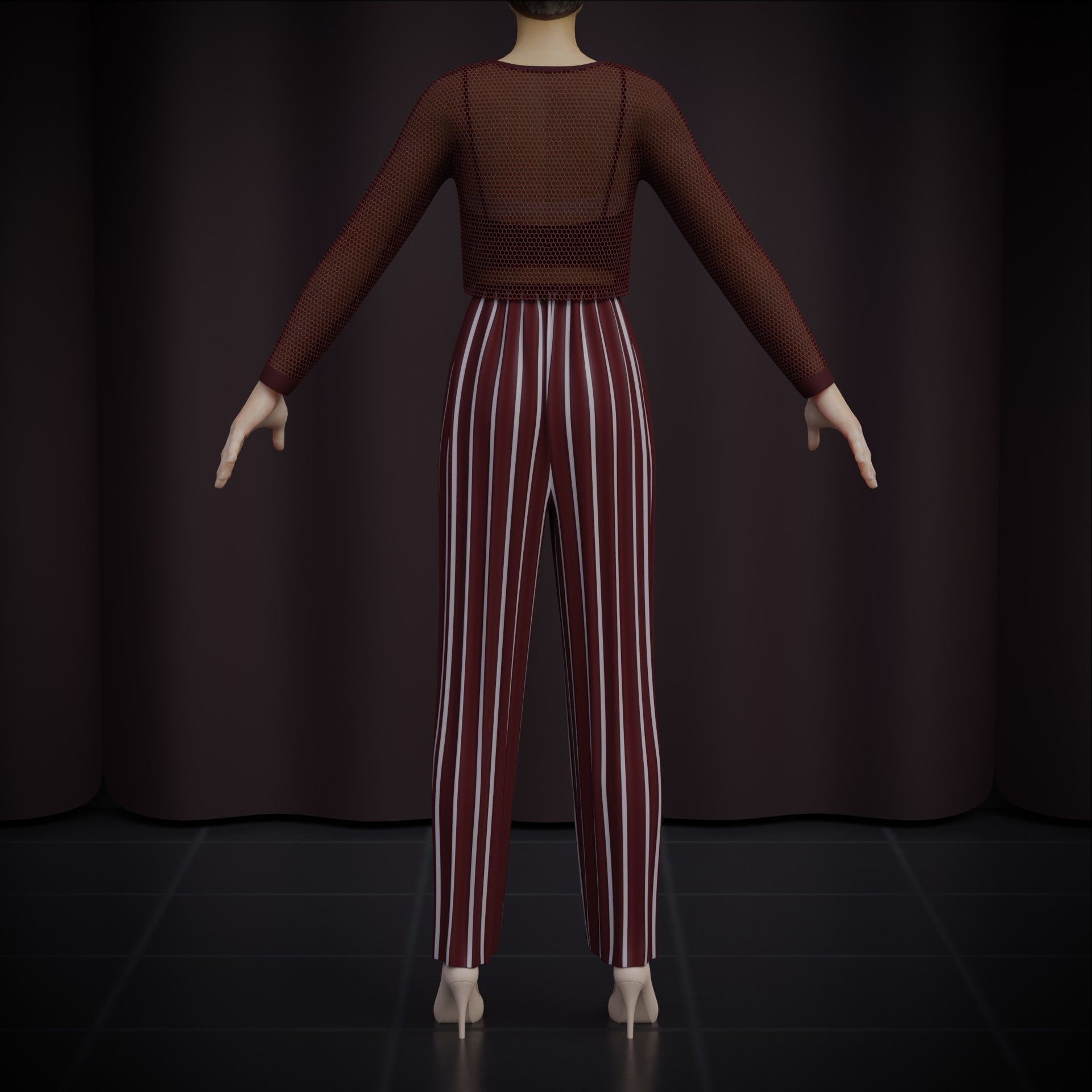 Sheer top and pleated palazzo trouser - Two piece outfit 3D model_5