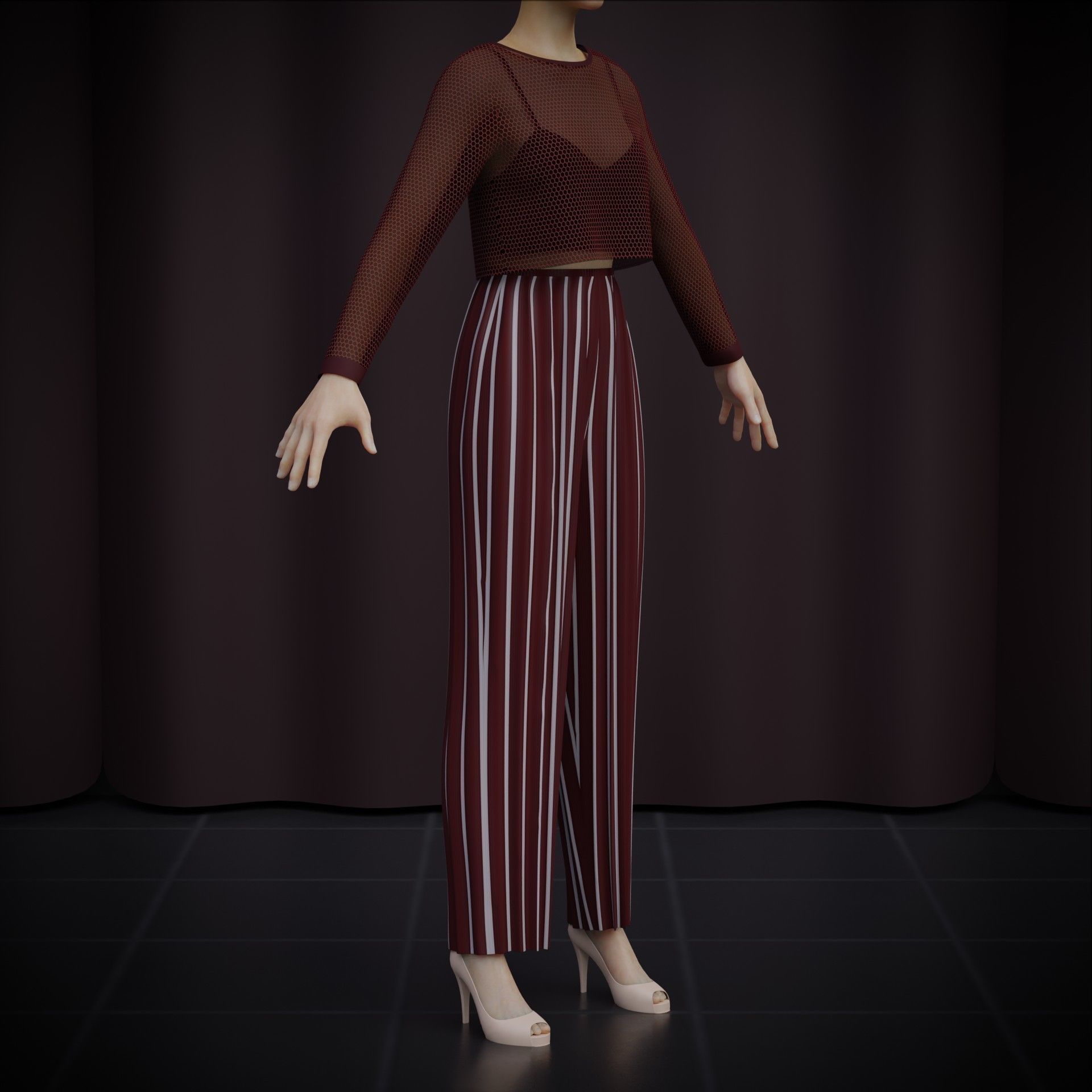 Sheer top and pleated palazzo trouser - Two piece outfit 3D model_2