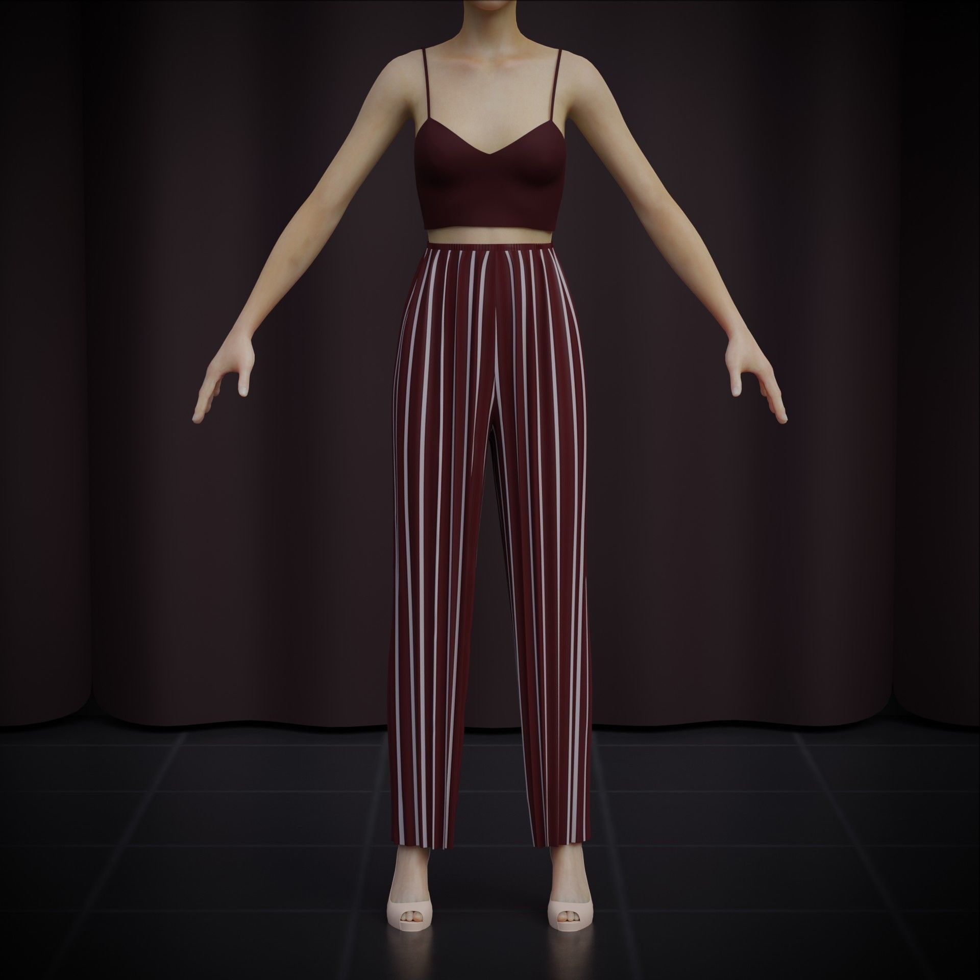 Sheer top and pleated palazzo trouser - Two piece outfit 3D model_14