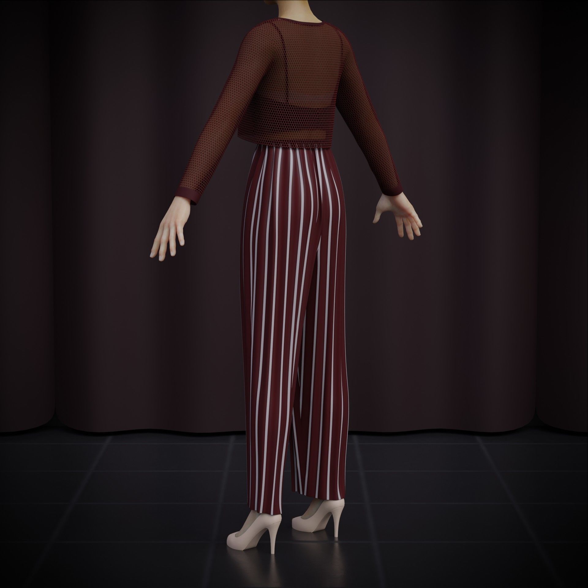 Sheer top and pleated palazzo trouser - Two piece outfit 3D model_4