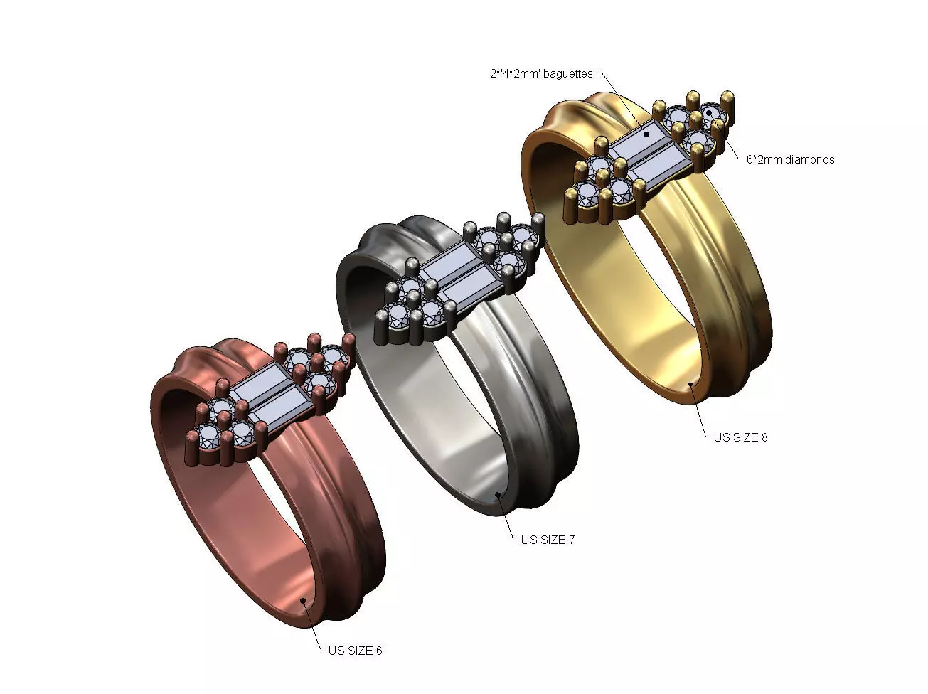 Baguette cluster rounded lip diamond ring US sizes 6 7 8 3D print model