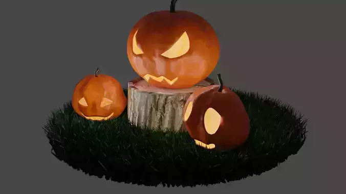 Jack-o-lanterns three carved pumpkins on stump