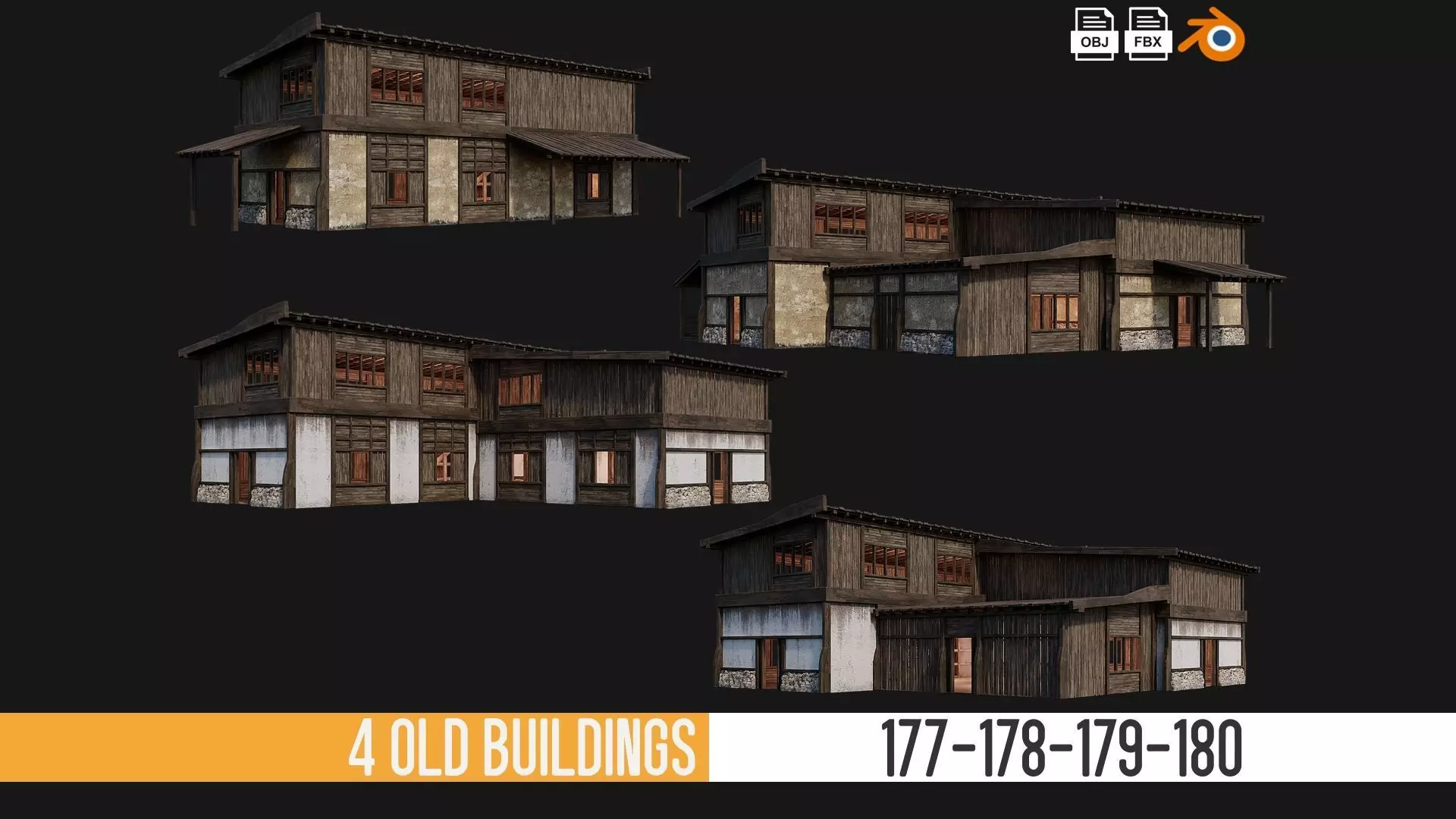 4 Old Buildings Pack 4K Textures GameReady 177 to 180 Low-poly 3D model_0