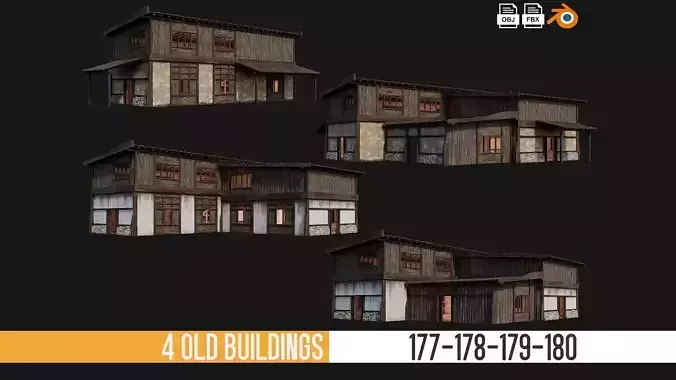 4 Old Buildings Pack 4K Textures GameReady 177 to 180 Low-poly 3D model