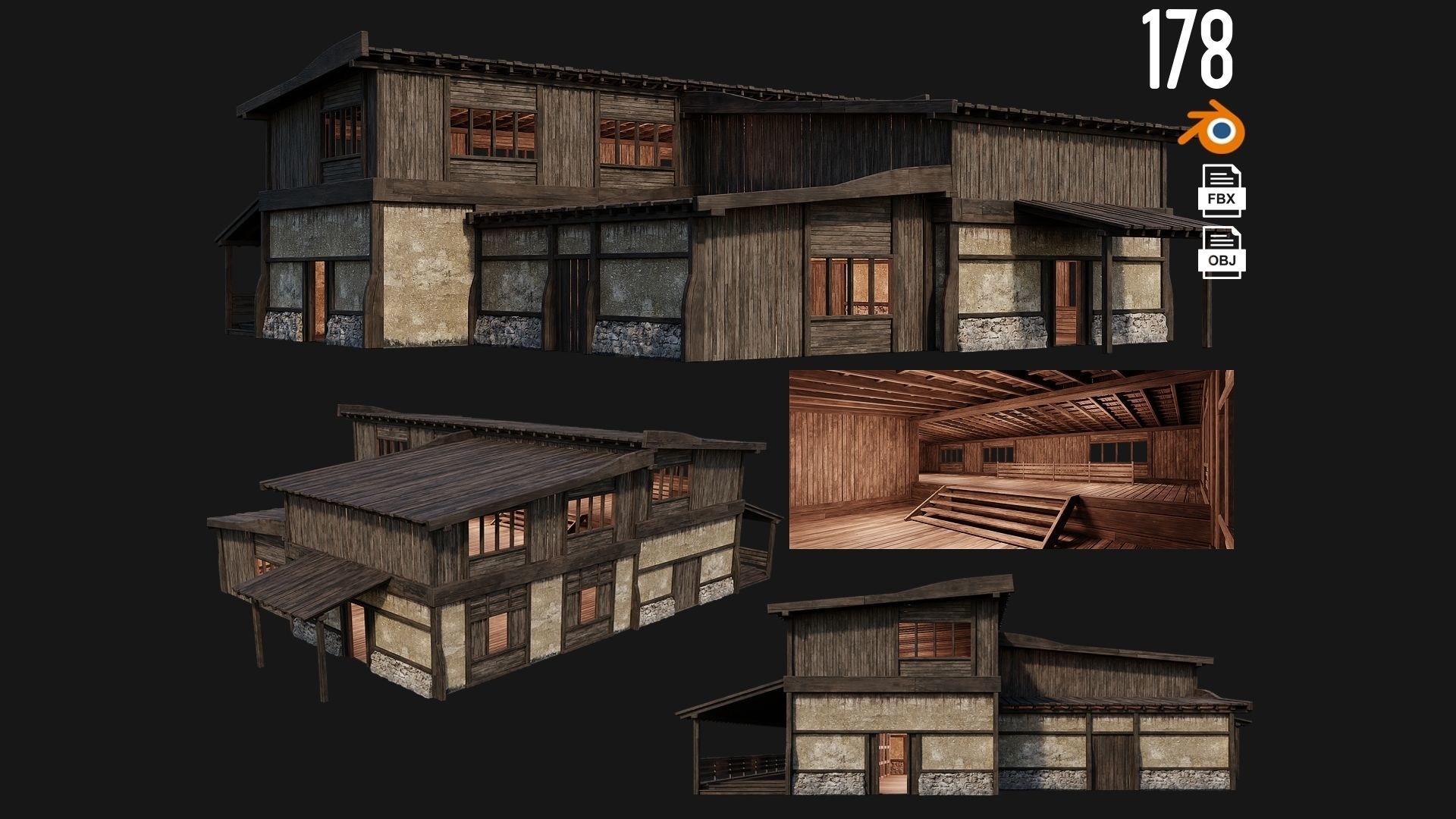 4 Old Buildings Pack 4K Textures GameReady 177 to 180 Low-poly 3D model_2