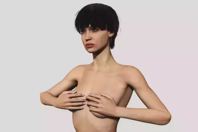 Nude Slim Brunette Woman with Tan Lines and Short Hair