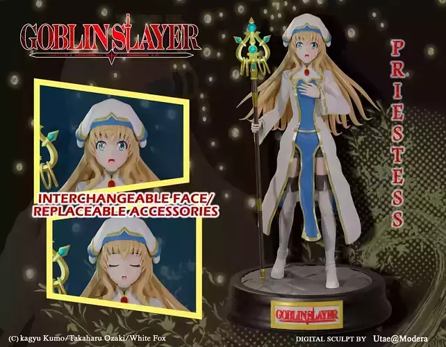 Priestess statue of anime girl holding wand