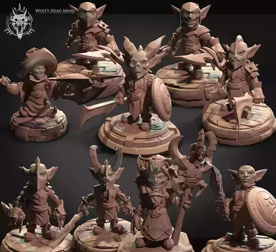 The goblins group of figurines with weapons and armor