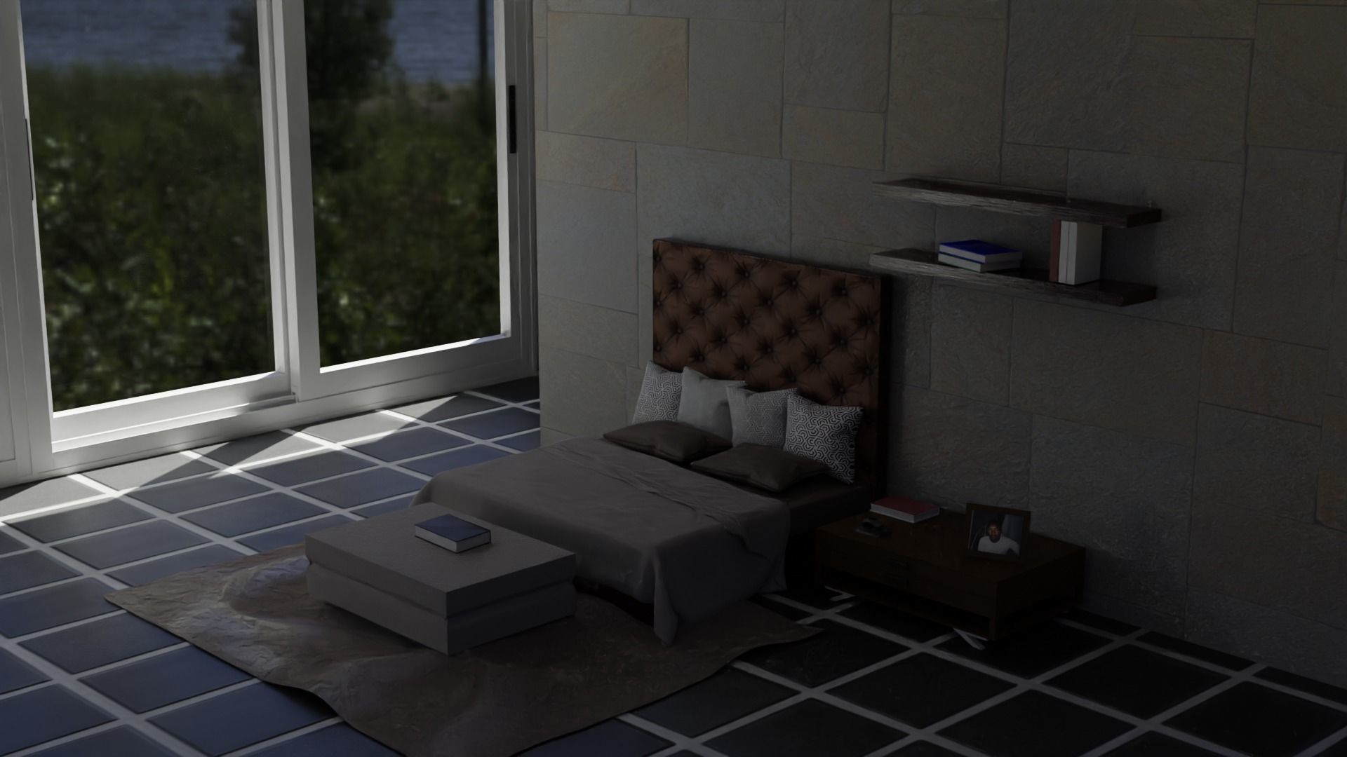 Padded Bed and Pouf 3D model_6