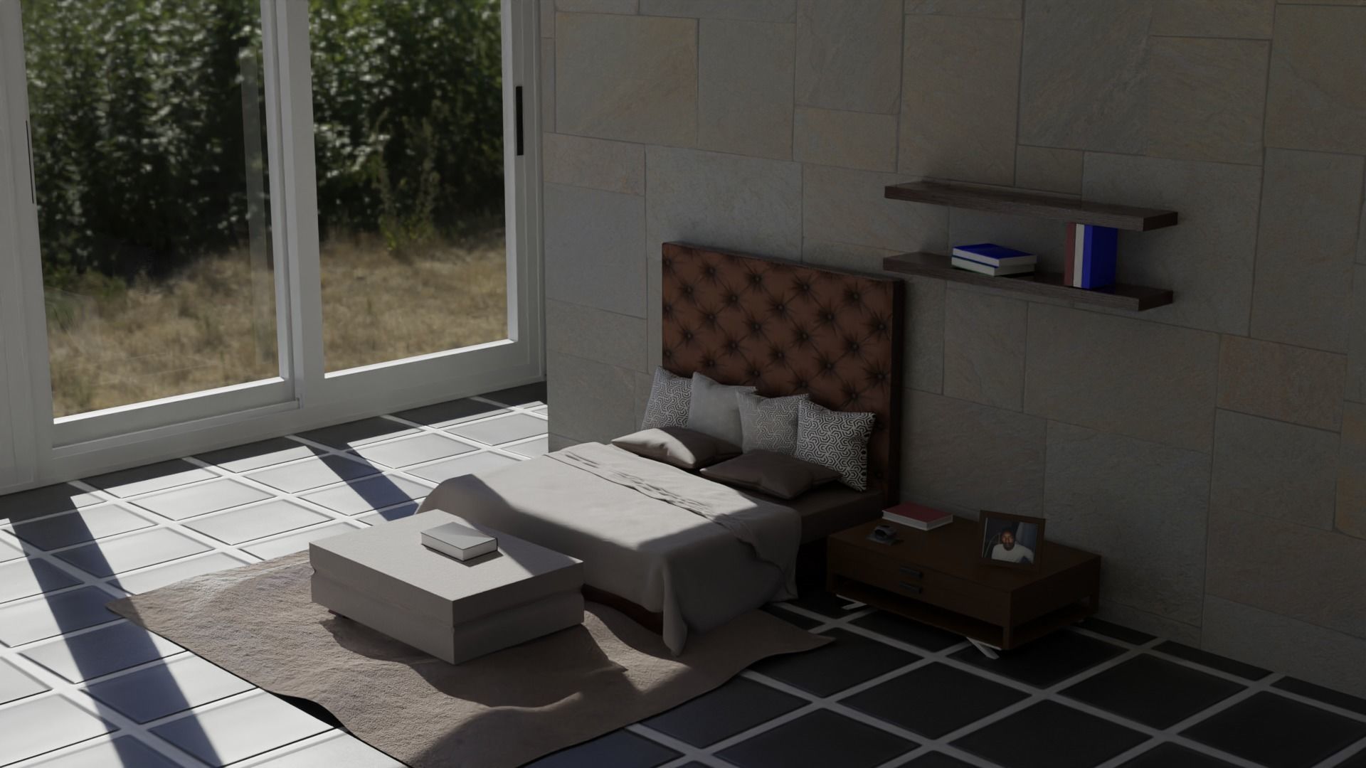 Padded Bed and Pouf 3D model_7