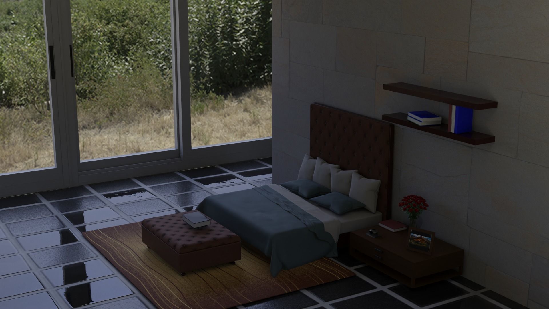 Padded Bed and Pouf 3D model_1